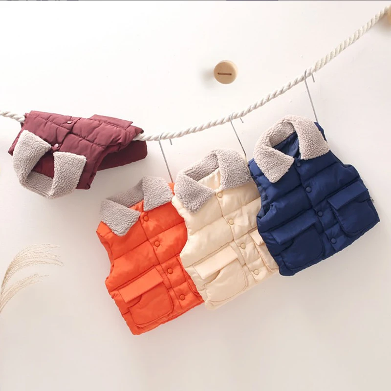 Children's Down Cotton Vest Winter New Male Baby Padded Vest Wear Outside Girl Lapel Cotton Coat Sleeveless