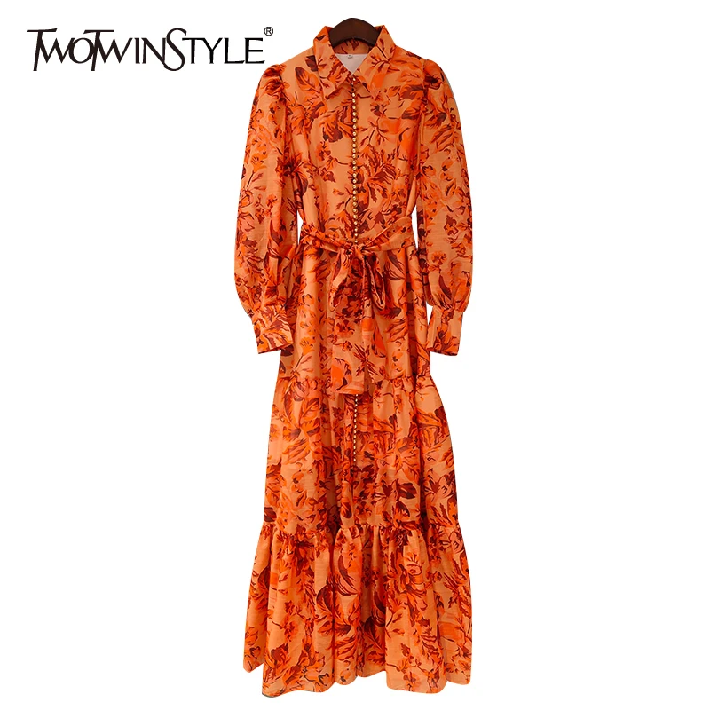 TWOTWINSTYLE Vintag Print Women Dress V Neck Lantern Long Sleeve High Waist Lace Up Patchwork Peals Maxi Dresses For Female Tide TWOTWINSTYLE Vintag Print Women Dress V Neck Lantern Long Sleeve High Waist Lace Up Patchwork Peals Maxi Dresses For Female Tide