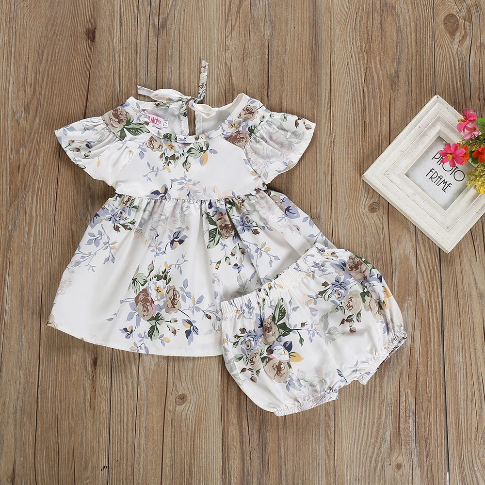 Imcute/модные комплекты с платьем для новорожденных, одежда для маленьких девочек топы с цветочным принтом, платья Короткие штаны-шаровары, летняя одежда