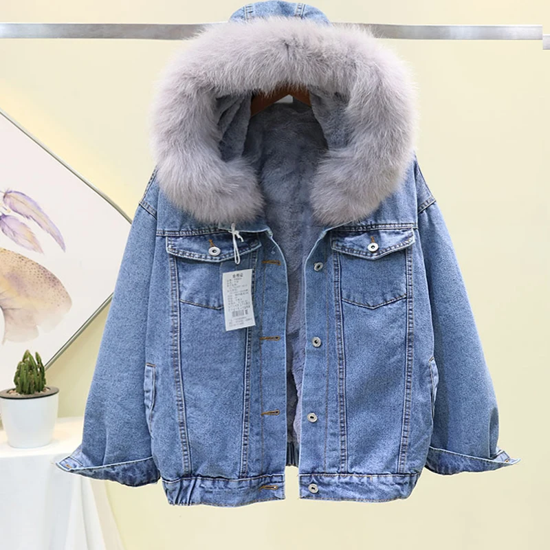 Hui Mao collar Зимняя женская Корейская Вельветовая черная джинсовая куртка с капюшоном, Женская Повседневная куртка с воротником из лисы+ подкладка из овечьей шерсти, теплая Джинсовая Верхняя одежда - Цвет: Hui Mao collar