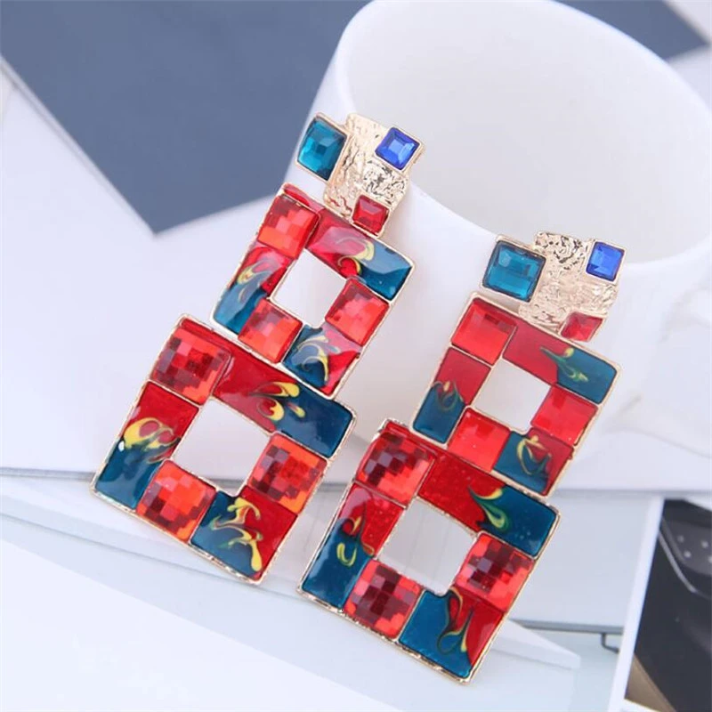 Богемные металлические простые Висячие серьги для женщин Hyperbole Square Rhine Stone Girl