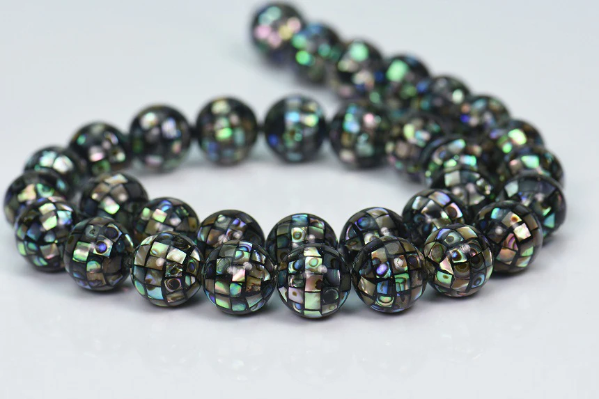 1 Strand 10-14mm Natural Abalone Paua Shell PandaHall Ball Mosaic Loose Round Beads  Jewelry Making