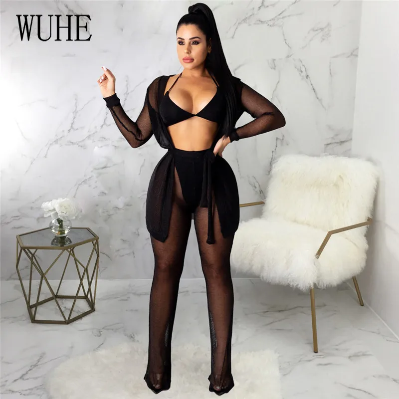 

WUHE Sexy Mesh See Through Two Piece Set Long Sleeve Open Stitch Coat and High Waist Bodycon Long Pants Sheer Club Party Sets