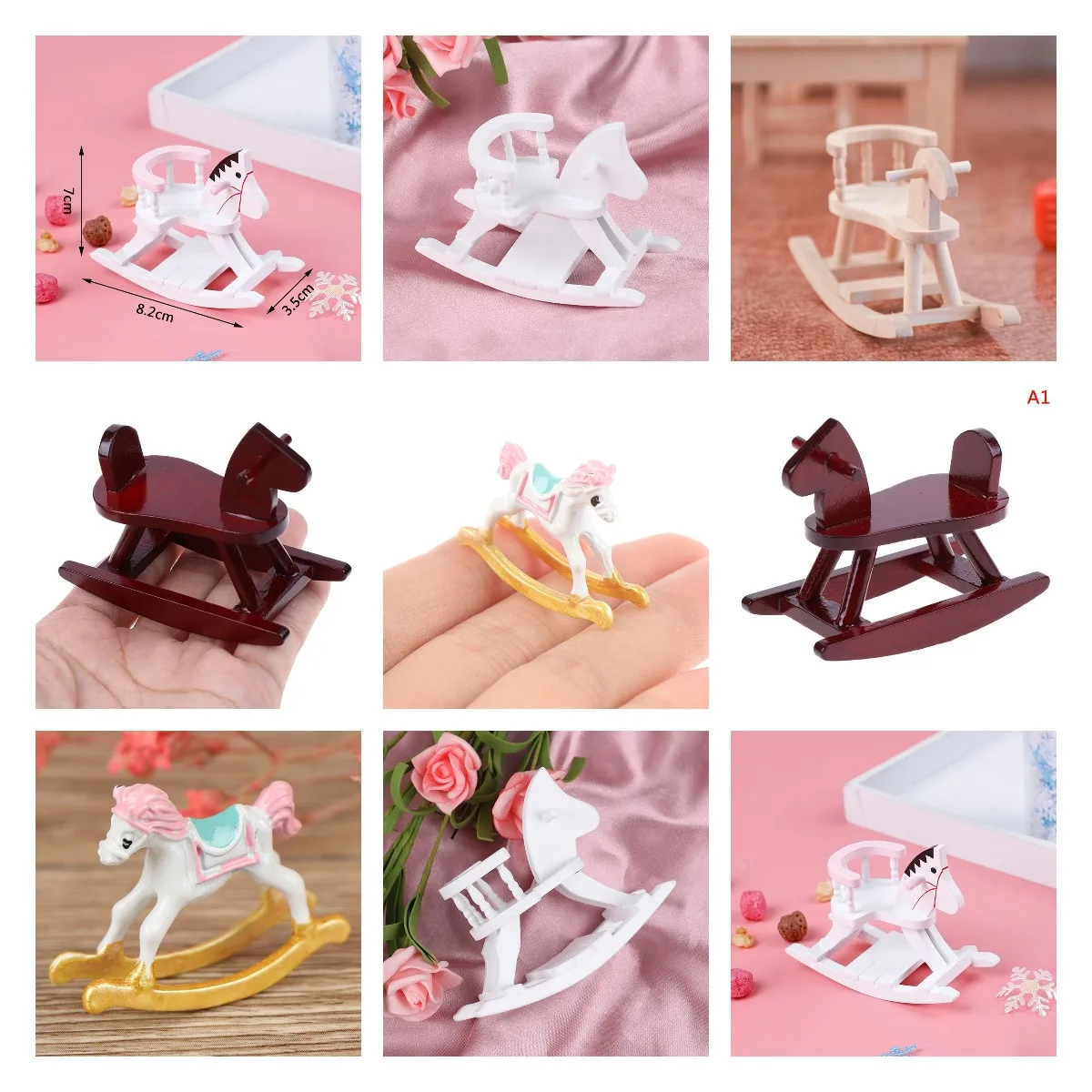 1pc 1/12 Dollhouse Miniature Wooden Rocking Horse Chair Room Furniture