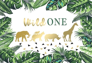 

7x5FT Green Leaves Wild one Gold Safari Party Giraffe Elephant Tiger Custom Photo Studio Background Backdrop Vinyl 220cm x 150cm