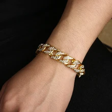 Рок-золото, кубинские звенья, браслет-цепочка, мужской браслет, полностью Стразы, кристалл, для женщин, мужчин, хип-хоп ювелирные изделия, Shellhard