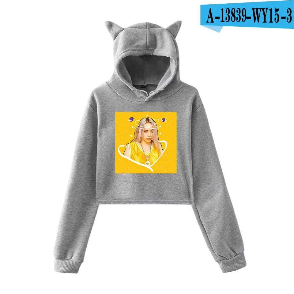 Толстовка в стиле хип-хоп Billie Eilish Cat, женская сексуальная толстовка с кошачьими ушками, модный трендовый Топ,, Kpop Kawaii Harajuku, уличная одежда - Цвет: Gray 2