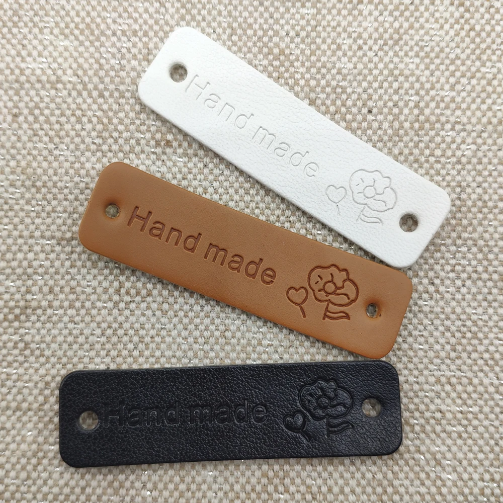 

48pcs hand made with flower leather labels for clothes happy gift handmade tags for bag handmade flower label for clothes tag