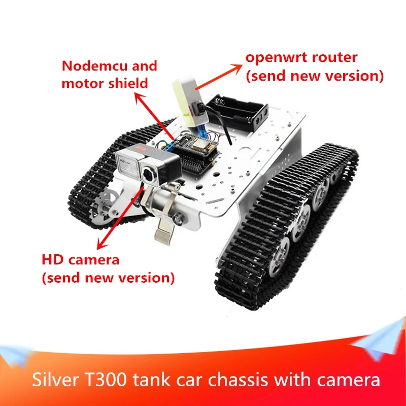 

Silver T300 Tank Car Chassis WiFi Video Robot Tracked Tank Car Remote Control Kit Camera,Nodemcu and Motor Shield DIY RC Toy