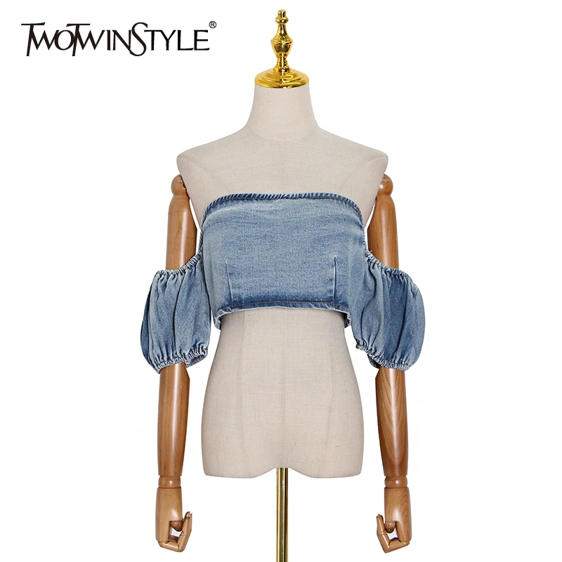 TWOTWINSTYLE Sexy Denim Women Shirts Slash Neck Puff Short Sleeveless Short Ruched Blouses For Female Fashion Clothes 2020 Tide TWOTWINSTYLE Sexy Denim Women Shirts Slash Neck Puff Short Sleeveless Short Ruched Blouses For Female Fashion Clothes 2020 Tide