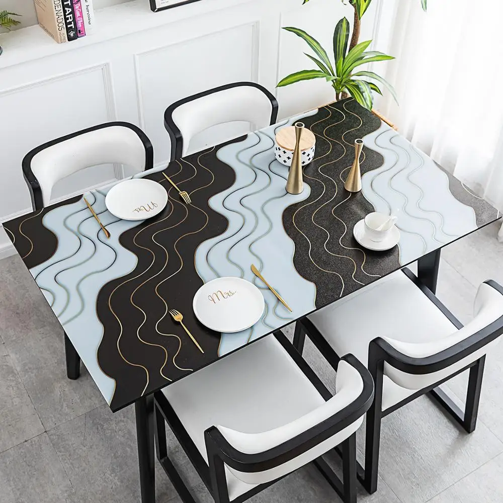 Nordic PVC tablecloth matte bottom non-slip printing waterproof table mat Gold geometric pattern dining tablecloth customize