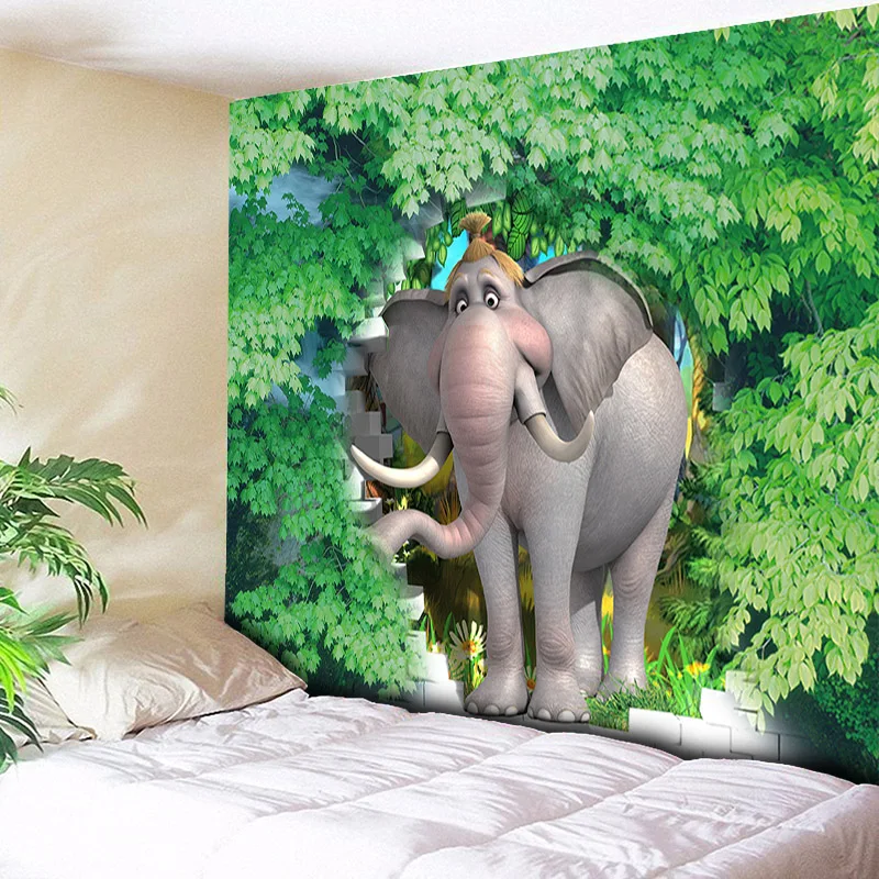 Зеленые листья растительный гобелен слон настенный висящий 3D Мандала животное хиппи психоделический гобелен ткань богемное украшение ковровое покрытие