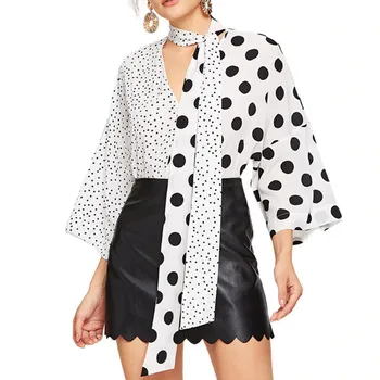 

Black White Polka Dot Print Blouse Shirt Women Long Flare Sleeve Summer Female Elegant Office Shirts Spring casual party Tops