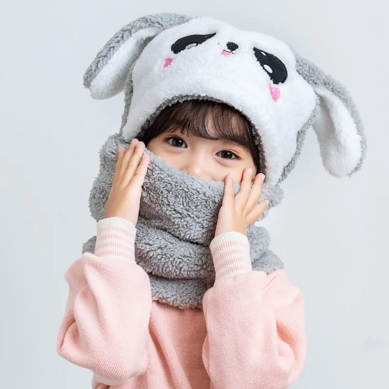 Winter Warm Baby Kids Hats Knitted Cap Fleece Hat Scarf Cute Panda Ears Hats 