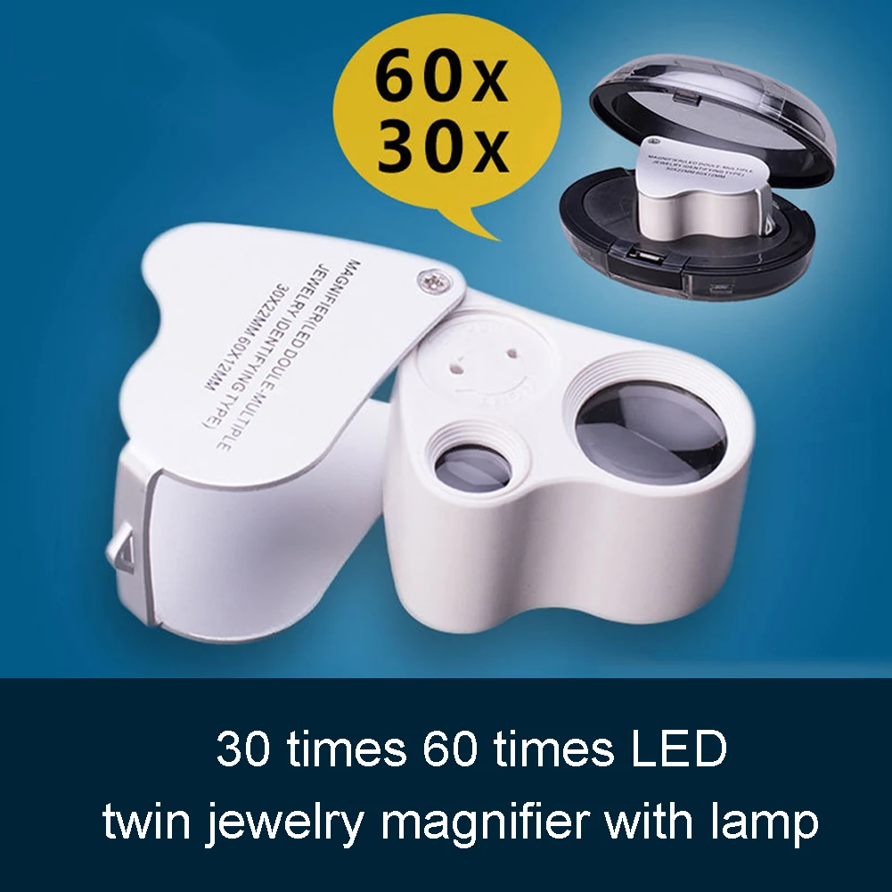 30X 60X Lightweight Small Foldable Stamps Professional Led Illuminated Durable Jewelry Loupe Magnifier Portable Tool Double Lens