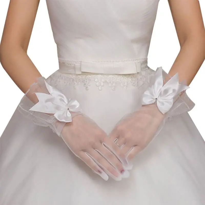 Wedding Gloves New Bride Gloves Gauze Bow-knot with Fingers Short White Glove Wedding Dress Accessories Photo Props E15E - Цвет: Wedding Gloves