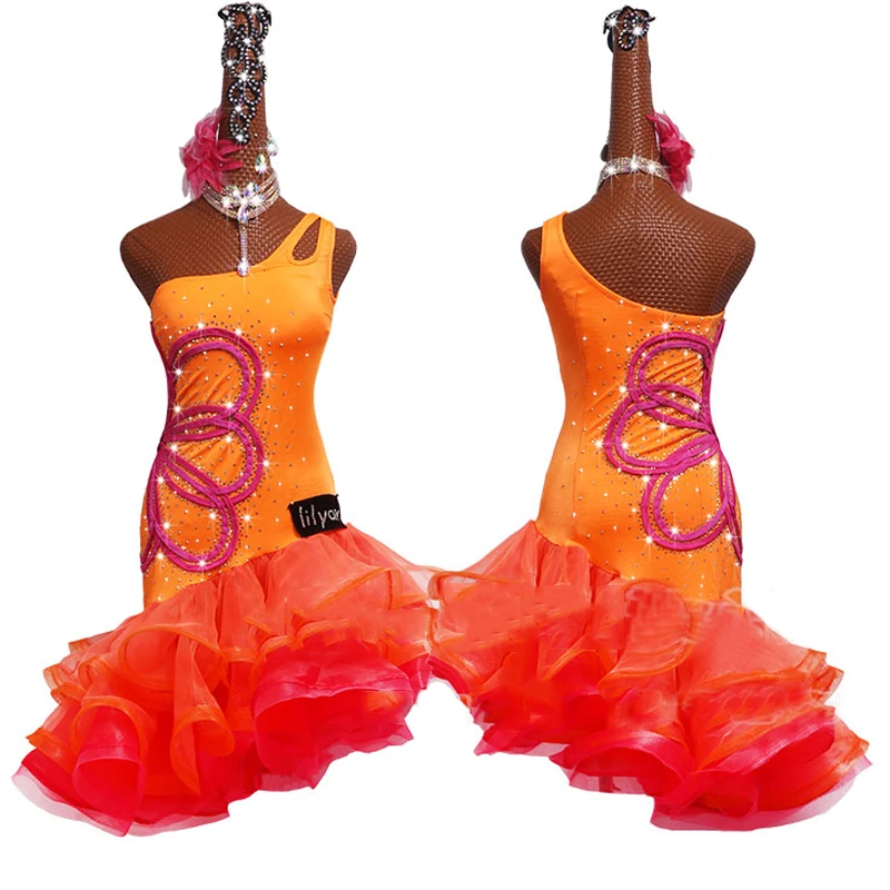 

Latin Dance Competition Dress Performance Clothing Women Dance Costume Girls Orange Big Swing Dance Skirt Vestidos De Piedras