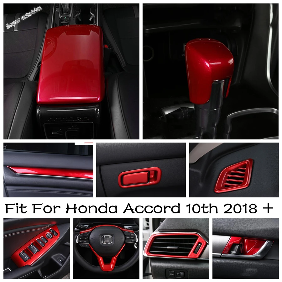 

Red Interior Fit For Honda Accord 10th 2018 - 2022 Door Sills / Steering Wheel / Central Control Button / Armrest Box Cover Trim