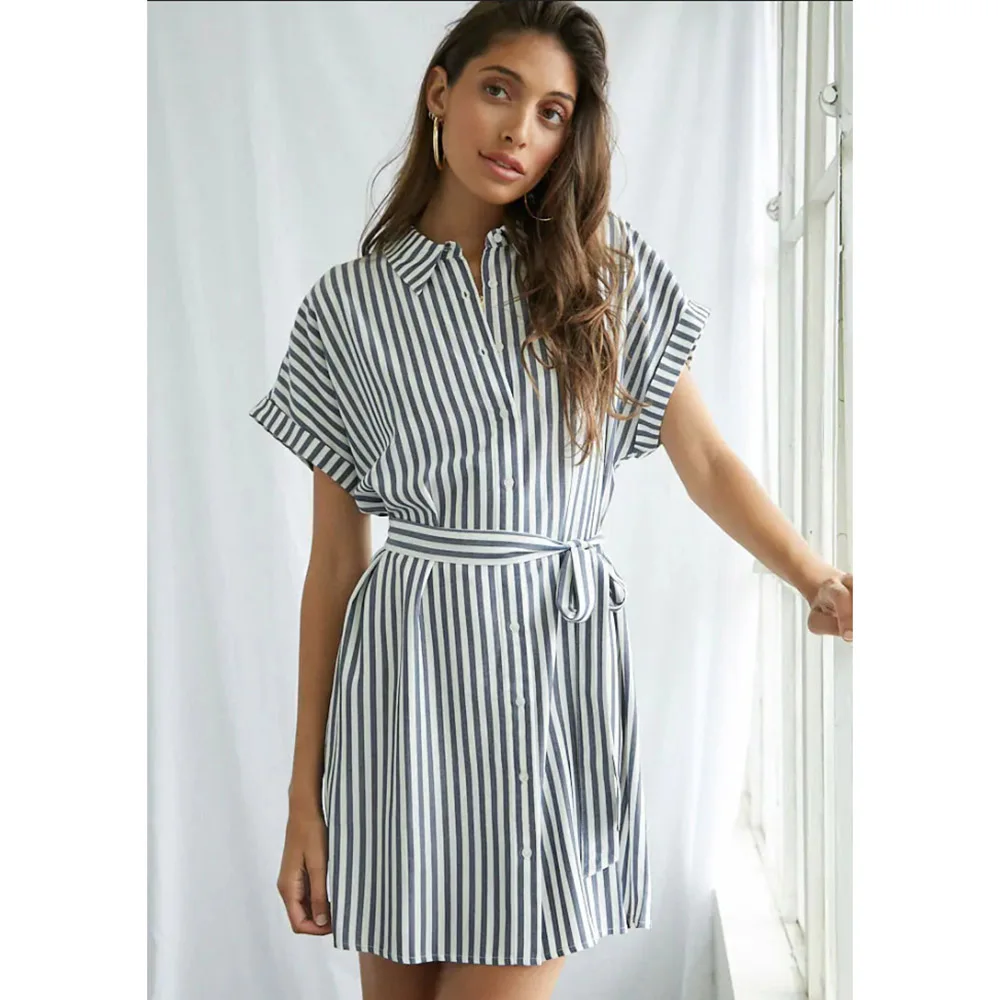 

Turn-Down Collar Striped Print Short Dresses Buttoned Lace-Up Striped Loose Short-Sleeved Dress With Sashes Women Summer Dress