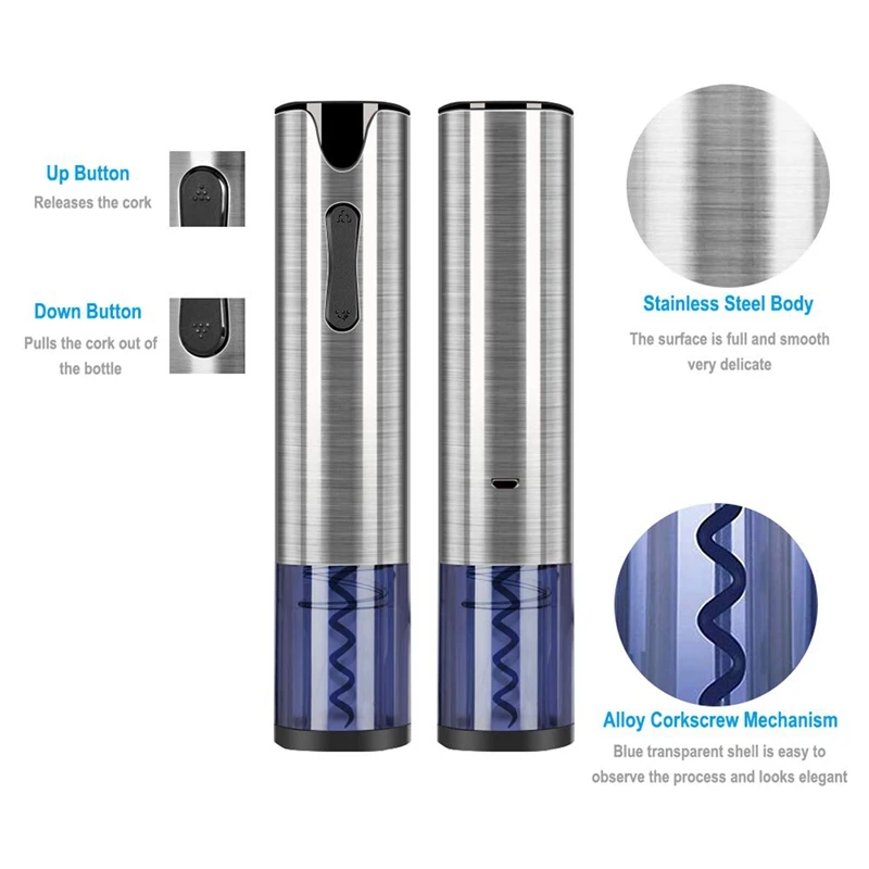 Electric Wine Opener Rechargeable Automatic Corkscrew Wine Bottle Opener With Foil Cutter& Usb Charging Cable Stainless Steel