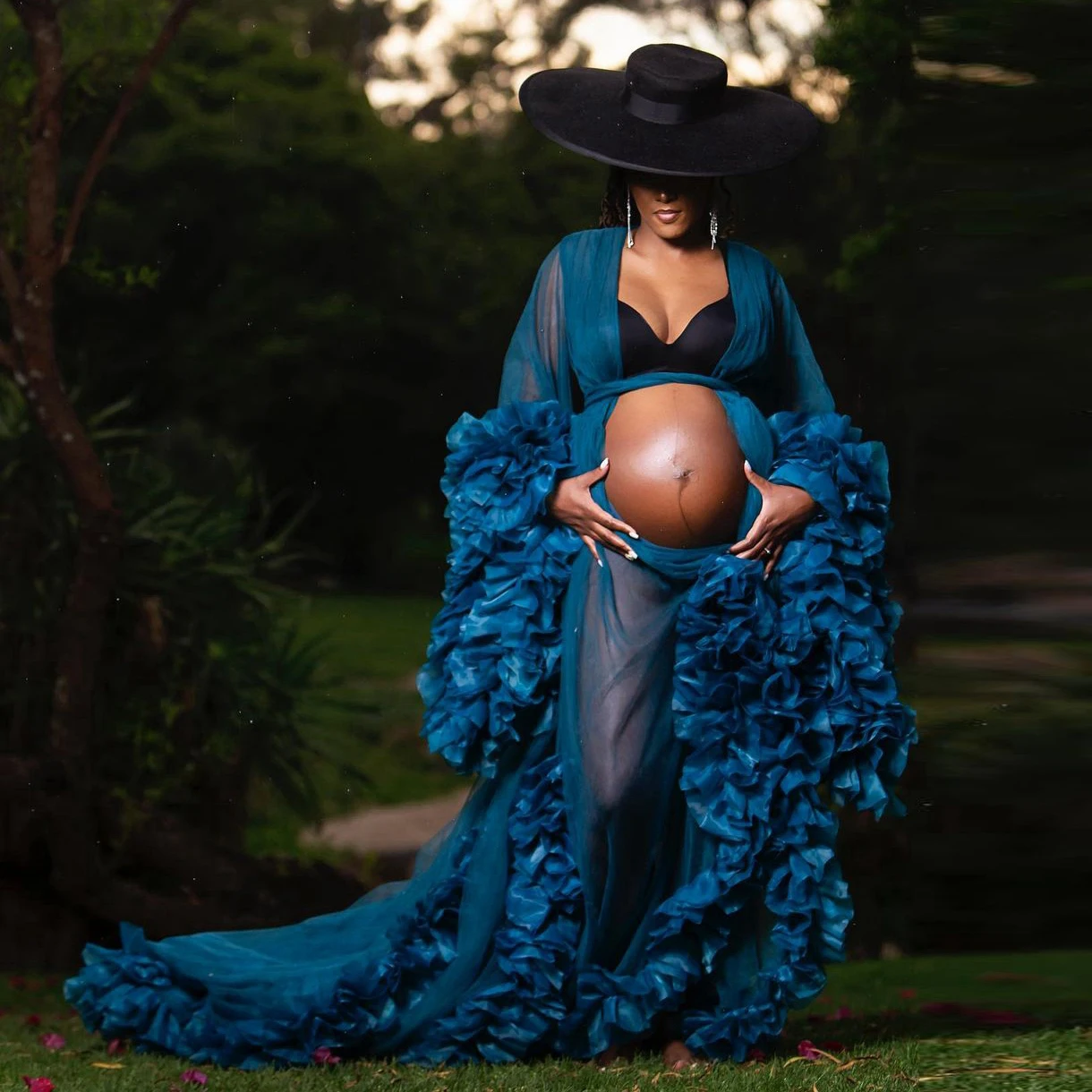 

Trendy Lake Blue Ruffles Tulle Long Maternity Dress Robe Sexy See Thru Flare Sleeves Pregnant Women Dress Night Gowns Photoshoot
