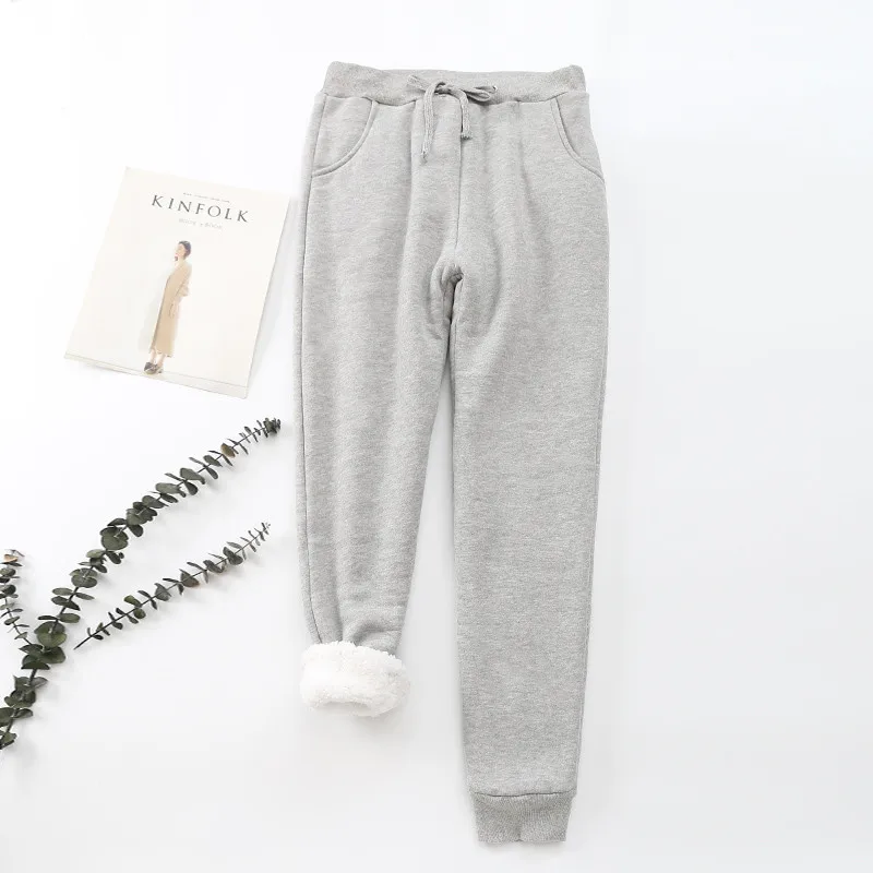 light gray Зимние кашемировые шаровары для женщин, толстые теплые кашемировые повседневные брюки из овчины, Женские базовые спортивные штаны с высокой талией - Цвет: light gray