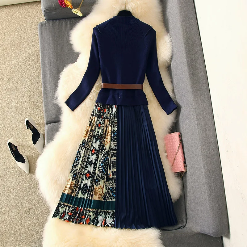 Модное винтажное зимнее платье-свитер женское Элегантное синее трикотажное длинное облегающее плиссированное платье с длинным рукавом Повседневная Весенняя vestidos