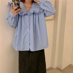 QWEEK – chemisier à manches bouffantes pour femme, haut à volants, col de Peter Pan, chemise boutonnée, bleu, pour le bureau, Style coréen, en coton, Kawaii 
