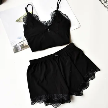 

Black Two Pieces Cotton Pajama Set Sexy Lace Top And Shorts Summer Pyjamas Sleepwear High Elastic Pijama Nightie Home Clothes