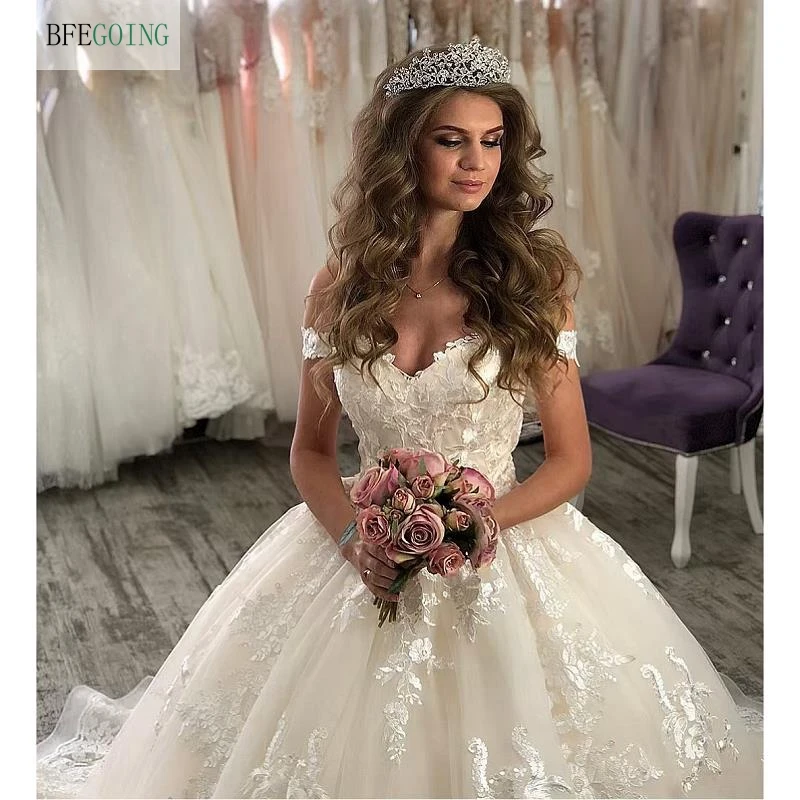 Ivory Lace Appliques V Neck Off The Shoulders Floor Length Ball