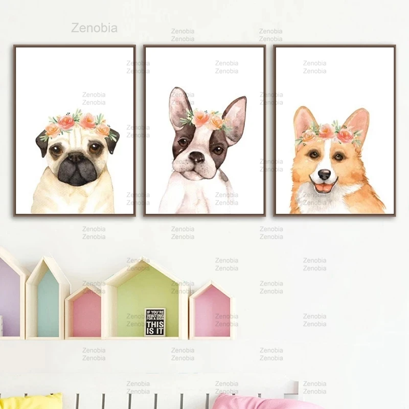 Картина на холсте для детской комнаты щенка собаки Цветочная корона фотография