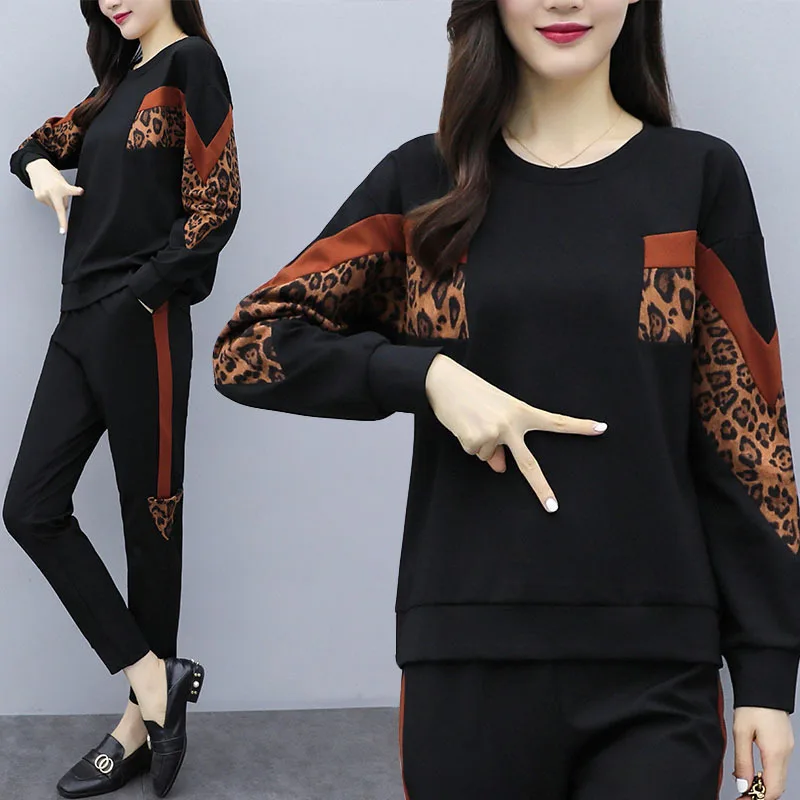 Женская одежда 2019 chandal mujer 2 piezas пуловер Топы и штаны леопардовое лоскутное платье