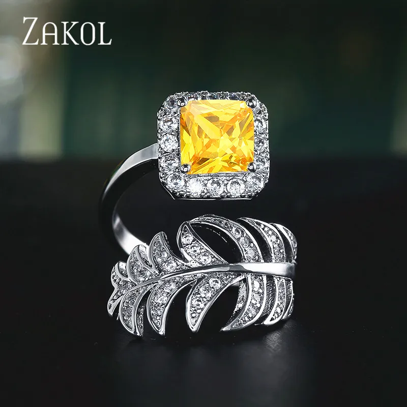Yellow ZAKOL роскошные микро Квадратные Cz Циркон Проложить Установка лист палец кольцо для женщин Свадебная вечеринка модные украшения Весна Anneaux FSRP2032 - Цвет основного камня: Yellow