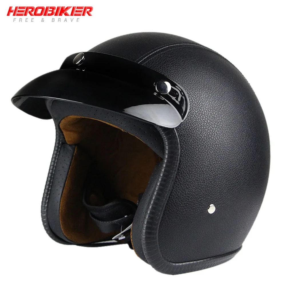 HEROBIKER мотоциклетный шлем из синтетической кожи ретро круизер чоппер Скутер кафе гонщик Мото шлем 3/4 открытый шлем в горошек - Цвет: Black PU Leather