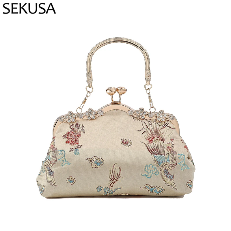 Bolsos de noche con bordado de estilo Vintage, pequeños bolsos de mano con mango de Metal y diamantes, con forma de cubo, para fiesta y boda| | -