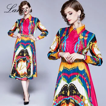 

Pullover Two Piece Set New Women's Clothing Printing Long-sleeved Jacket Pleated Medium and Long Dress Waist Skirt Set