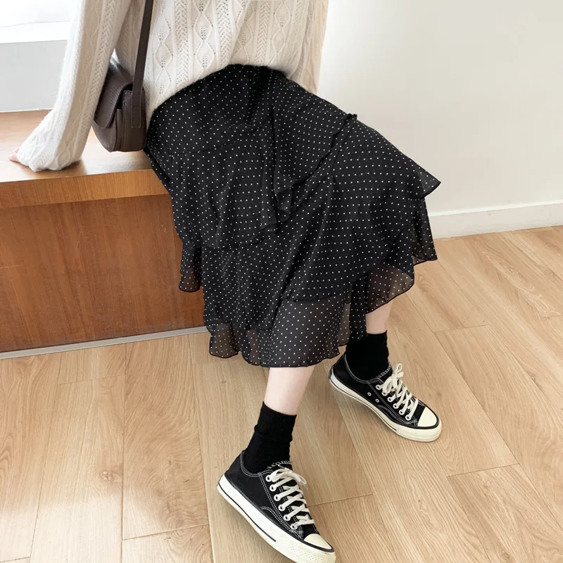 Autumn Winter Large Size Tulle Skirts Womens Black Dot Tulle Skirt Elastic High Waist Chiffon Fishtail Half-length Skirt XL-4XL