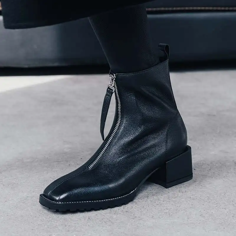 Skup Krazing pot prawdziwej skóry kwadratowych toe streetwear med obcasy zima utrzymać ciepłe z przodu na zamek błyskawiczny wysokiej mody Chelsea botki l23