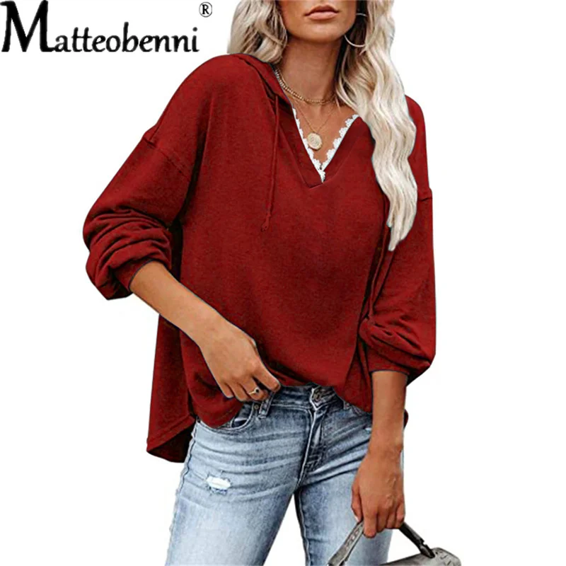 Lace V-Neck Long Sleeves Solid Lady Pullover Simple Casual Loose All Match Women Outerwear Autumn New Fashion Trend 2021 Hoodie