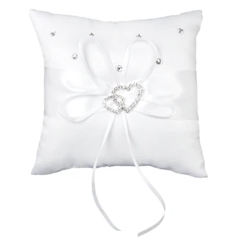 

White Satin Ring Bearer Pillow Cushions Wedding Party Crystal Hearts Decor