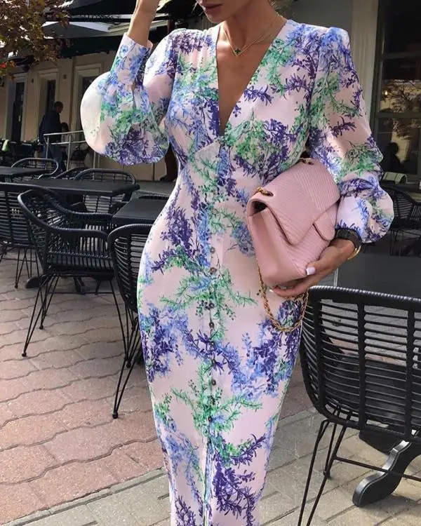 

Long Sleeve Winter Dress V-neck Print Dress Sexy Backless Split Slim Fit Buttoned Bell Sleeve Party Dress