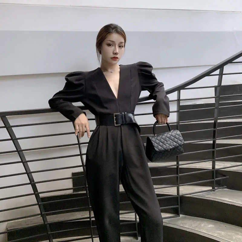 Retro Autumn Street Sexy Slim High Waist Long Sleeve V Neck Black Jumpsuits Women Belt Loose Rompers Fashion Clothes |