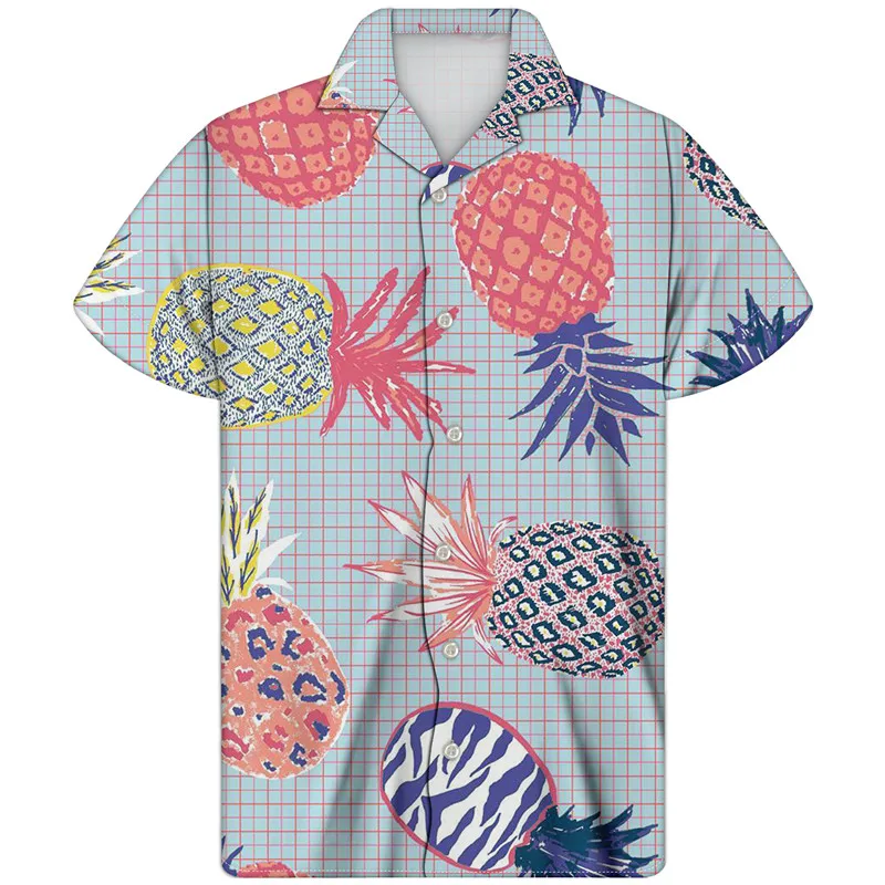

Hawaiian Shirt Pineapple Coconut Print Guayaberas Shirt Loose Plus Size Short Sleeve Turn-down Collar Men Streetwear Kemeja Pria