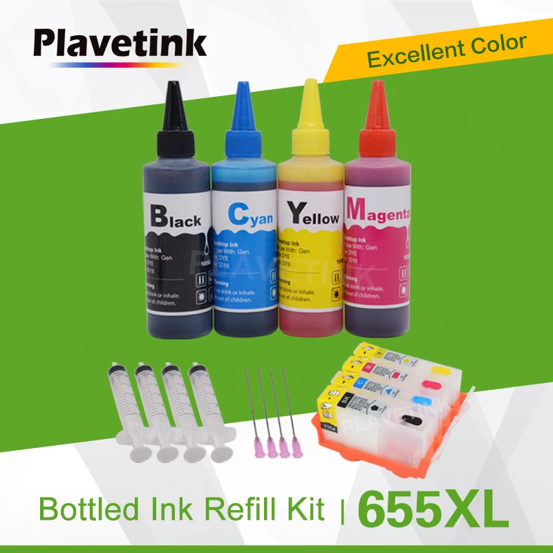 

Plavetink 4 Color Dye Ink Refill Kits + Refill Cartridge For HP 655 Deskjet Ink Advantage 3525 4615 4625 5525 6520 6525 Printer