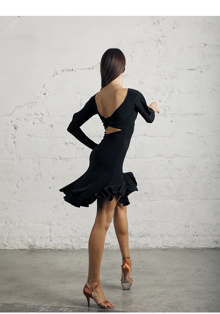 Платье для латинских танцев, женские сексуальные платья с длинным рукавом и открытой спиной, Женская Одежда для танцев ча-румба-самбы, сальсы, тренировочная одежда DNV12361