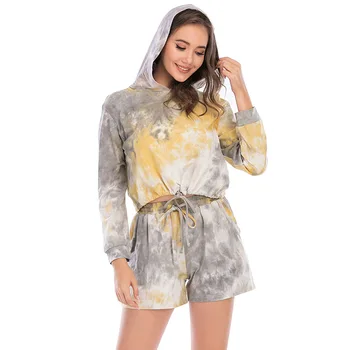 

Women Pajamas Tie Dye Printed Tranksuit Long Sleeve Sweatshirts Hooded Crop Top Elastic Drawstring Shorts PJ Set Sleepwear 2 pcs
