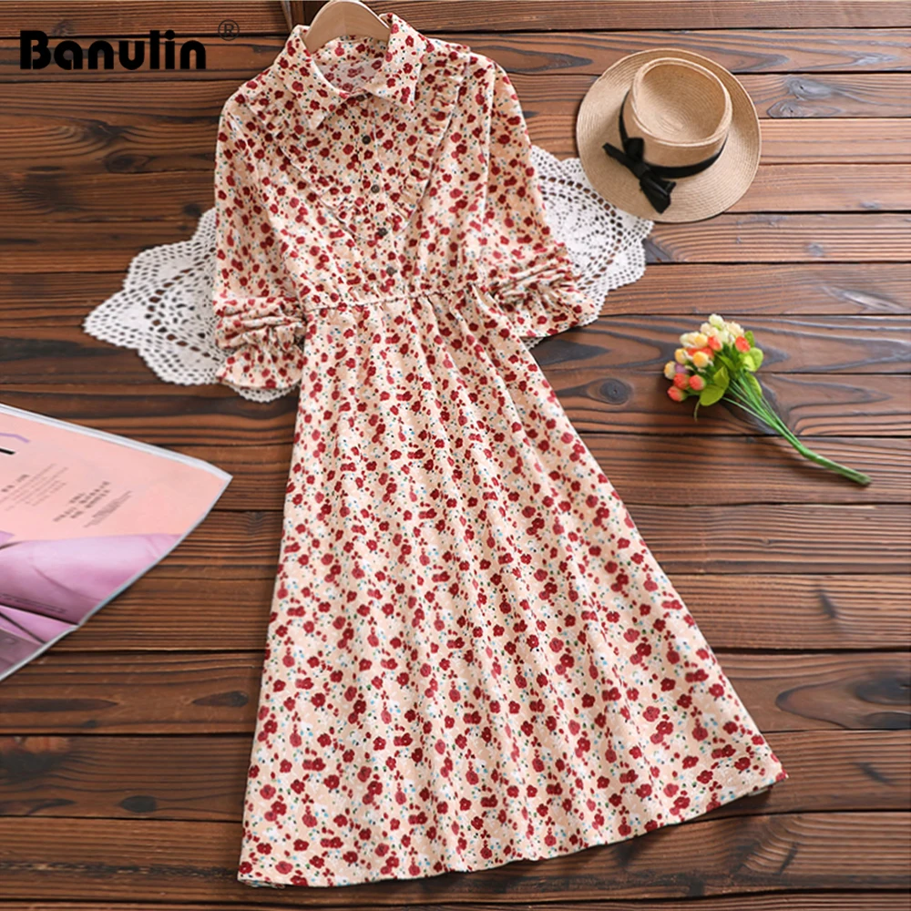 

Banulin Retro Autumn Winter Corduroy Floral Sweet Dress Women Long Sleeve Lapel Print Medium Long Slim Lady Dress
