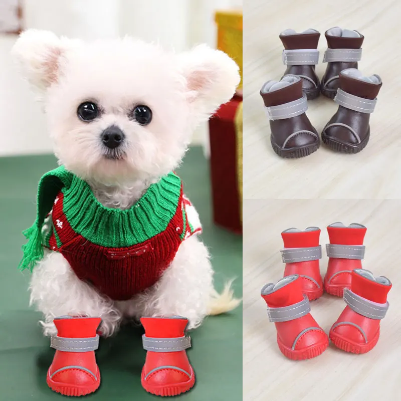 2021 Winter Pet Dog Leather Shoes Warm Fleece Puppy Pet Rain Shoes Waterproof Dog Snow Boots