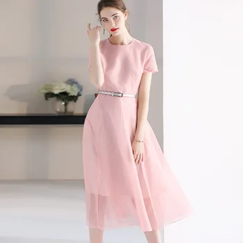 

Wholesale New Arrival Women's Summer High Fashion O Neck Short Sleeve Solid A Line Dress With Sashes Female Office Formal Dress