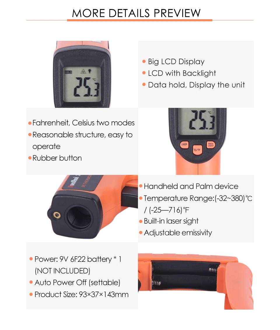 Ruoshui VC302B 380 градусов Цифровой Инфракрасный термометр бытовой кухонный прибор для измерения температуры ручной термометр лазерный